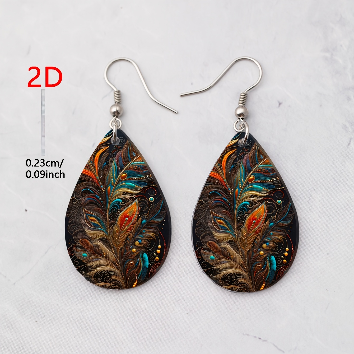 Women's Golden Peacock Feather Pattern Acrylic Teardrop Earrings